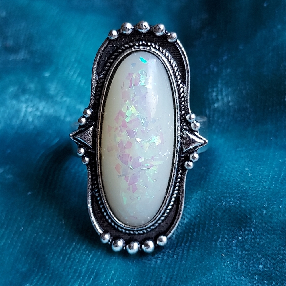 Elegant Silver tone and White Opal Ring